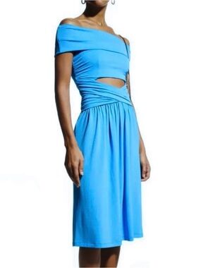 NEW ALBERTA FERRETTI BLUE OFF-THE-SHOULDER MIDI DRESS